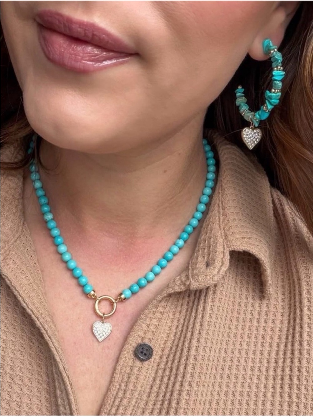 Park Lane Turquoise & Gold Jewelry Set – Necklace + Heart Hoop Earrings